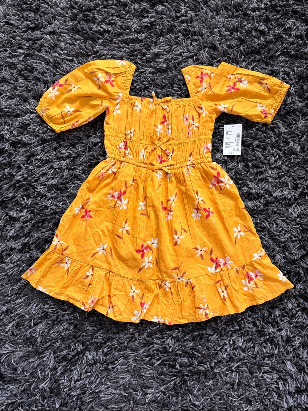 Girls' Yellow Floral Puff Sleeve Dress